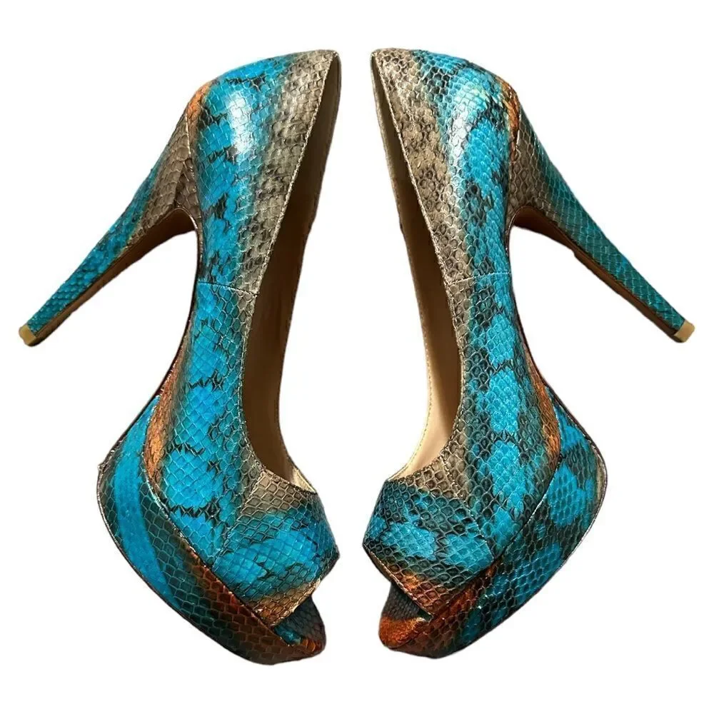 Pour La Victoire Snakeskin Peep-Toe Platform Heels – Size 8.5